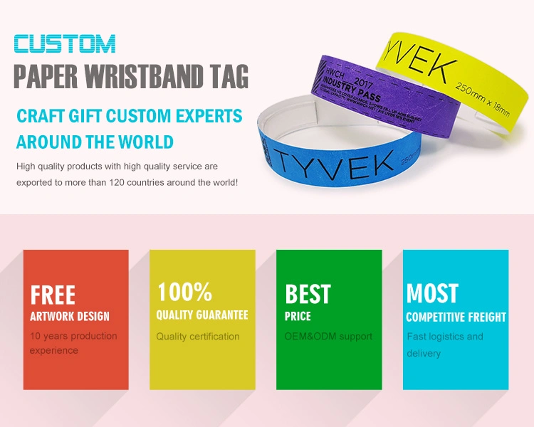 Wholesale Free Sample Cheap Custom Promotional Inkjet Printing Waterproof Disposable Paper Bracelet Tyvek RFID Wristband for Events